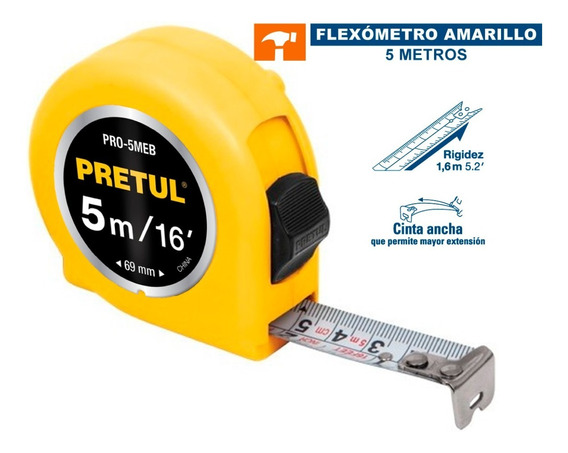 FLEXOMETRO AMARILLO 5 M CINTA 19 MM EN TARJETA PRETUL (21606)