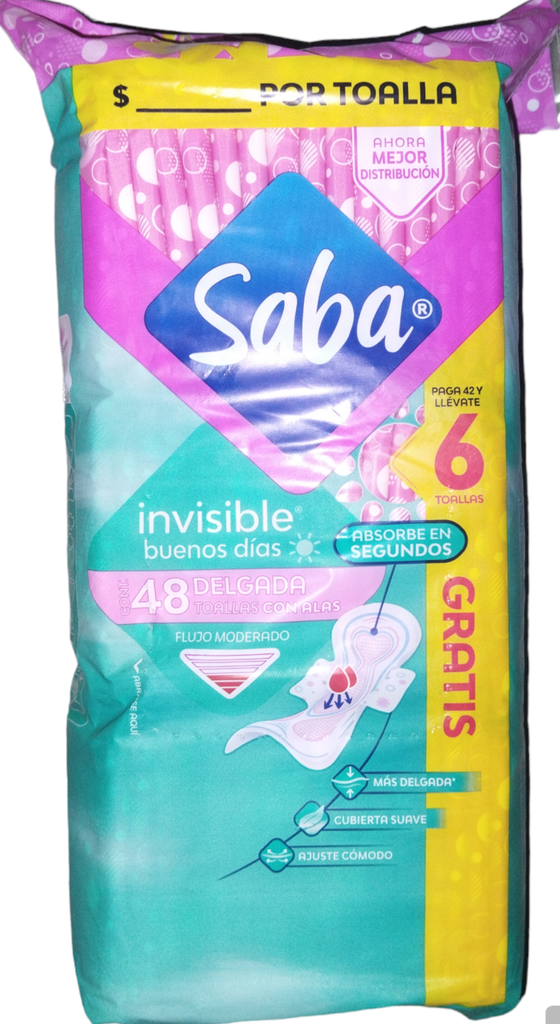 SABA INVISIBLE BUENOS DIAS DELGADA 48 TOALLAS CON ALAS FLUJO MODERADO