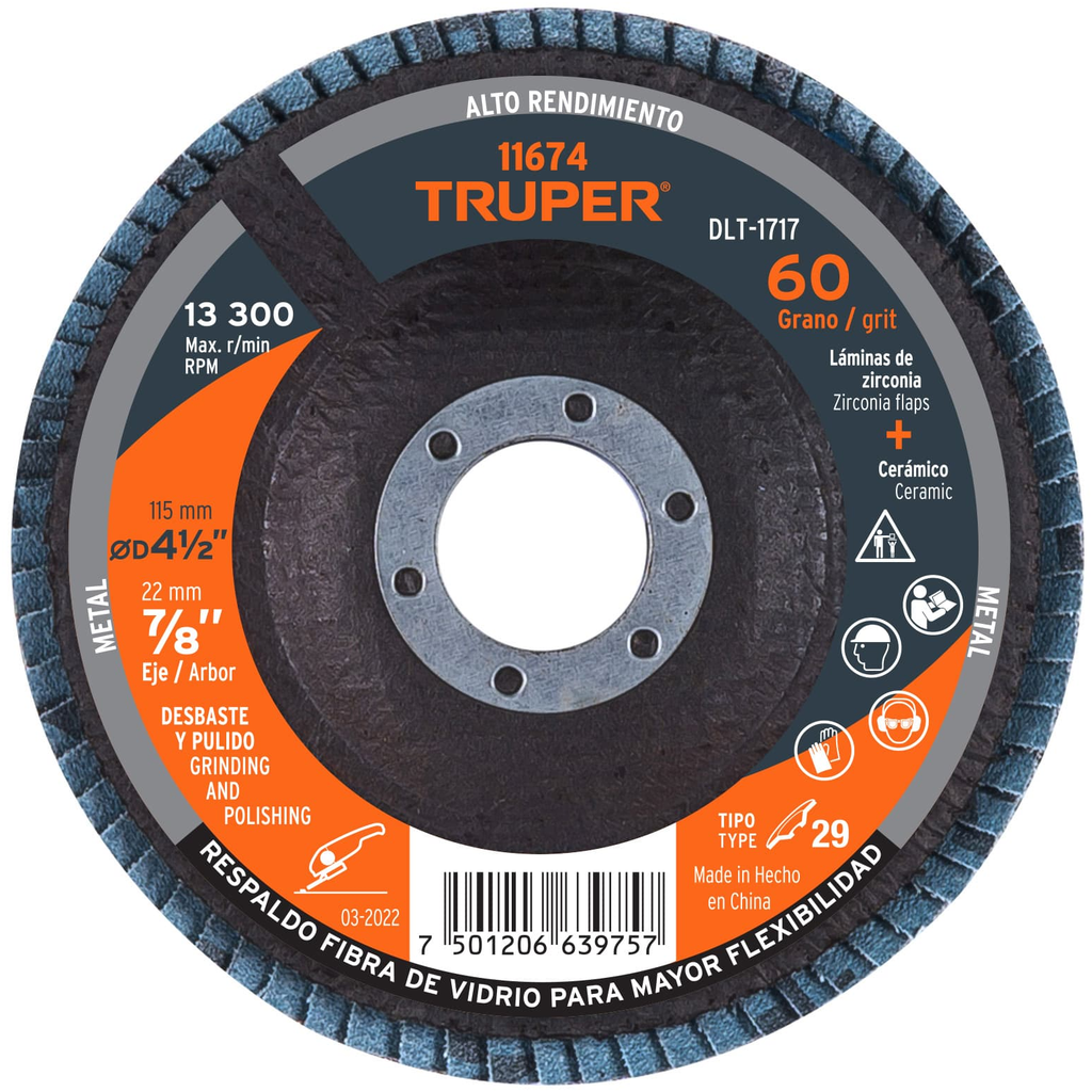 DISCO 4-1/2" LAMINADO GRANO 60 CENTRO 7/8" TRUPER (11674)