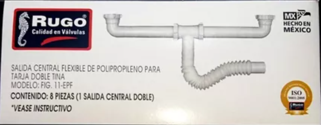 RUGO SALIDA CENTRAL DE POLIPROPILENO CON TRAMPA FLEXIBLE PARA TARJA DOBLE TINA 