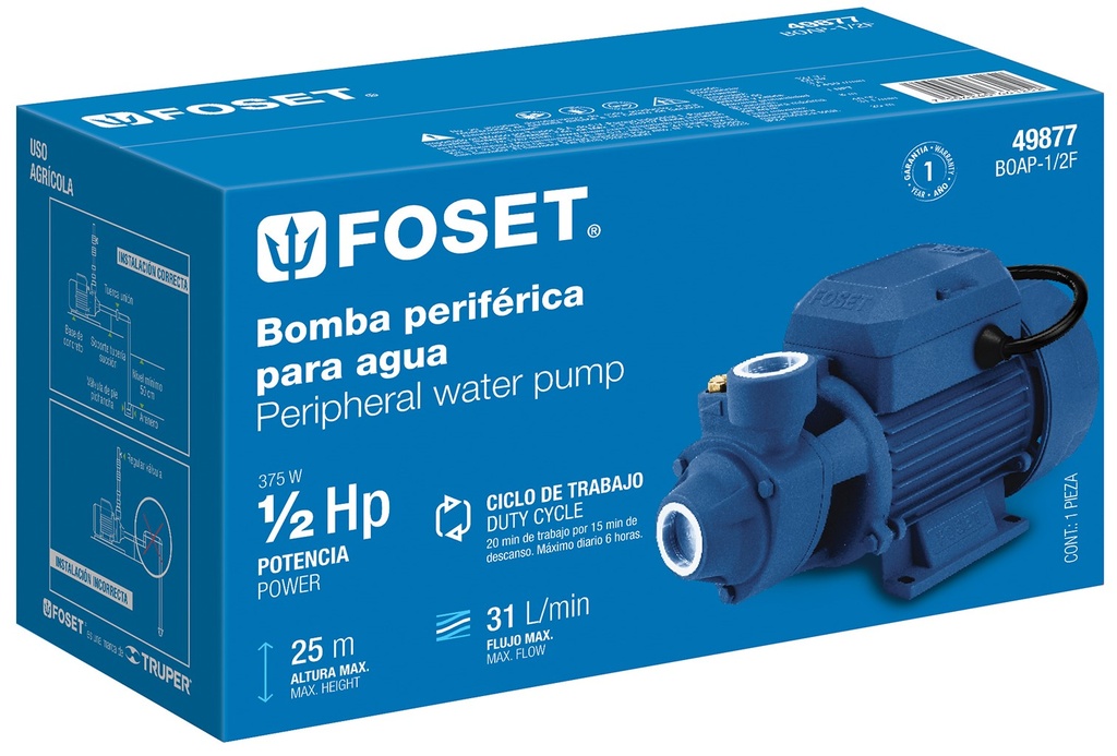 BOMBA PERIFERICA 1/2 HP ALTURA MAXIMA 25 M FOSET (49877)