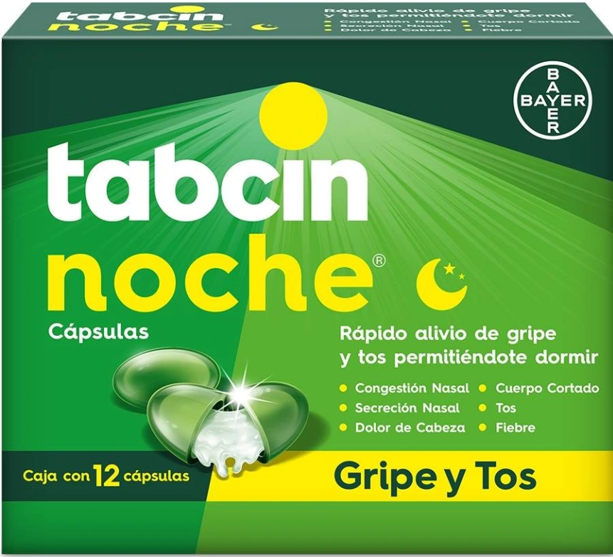 TABCIN NOCHE PARACETAMOL 250 MG/FENILEFRINA 5 MG/DEXTROMETORFANO 10 MG/DOXILAMINA 6.25 MG 12 CAPSULAS