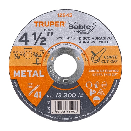 DISCO TIPO 41 4-1/2" X 1 MM CORTE FINO DE METAL SABLE TRUPER (12545)