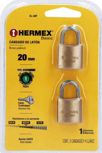 BLISTER CON 2 CANDADOS DE LATON DE 20 MM HERMEX (23513)