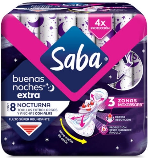 SABA BUENAS NOCHES EXTRA NOCTURNA CON ALAS FLUJO ABUNDANTE 8 TOALLAS