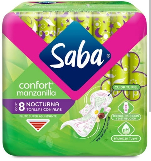 SABA CONFORT MANZANILLA NOCTURNA 8 TOALLAS CON ALAS FLUJO SUPER ABUNDANTE