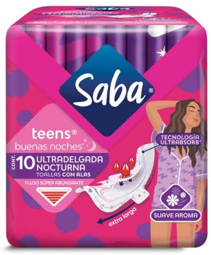 SABA TEENS BUENAS NOCHES 10 ULTRADELGADA NOCTURNA TOALLAS CON ALAS FLUJO SUPER ABUNDANTE