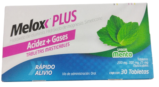 MELOX PLUS TABLETAS MASTICABLES SABOR MENTA ALUMINIO 200 MG/MAGNESIO 200 MG/SIMETICONA 25 MG 30 TABLETAS