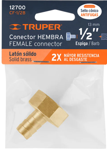CONECTOR 1/2" HEMBRA DE LATON SOLIDO PARA MANGUERA TRUPER (12700)